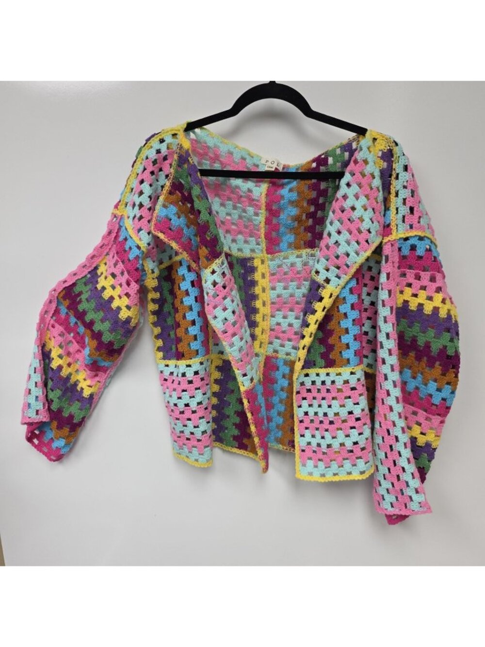POL Sweater Cardigan Womens One Size Multicolor Crochet Open Knit Granny Boho
